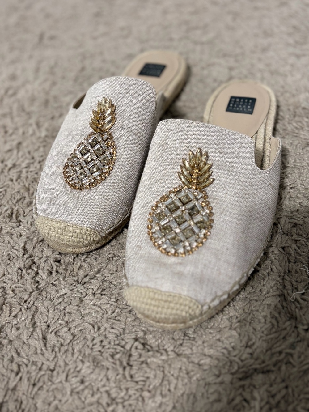 White House Black Market Cream Beaded Pineapple Espadrille Mules